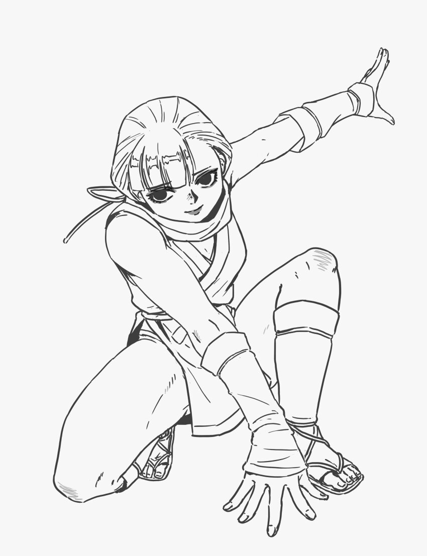 1girl, absurdres, arm_guards, arm_support, arm_warmers, asymmetrical_bangs, bare_shoulders, benichidori