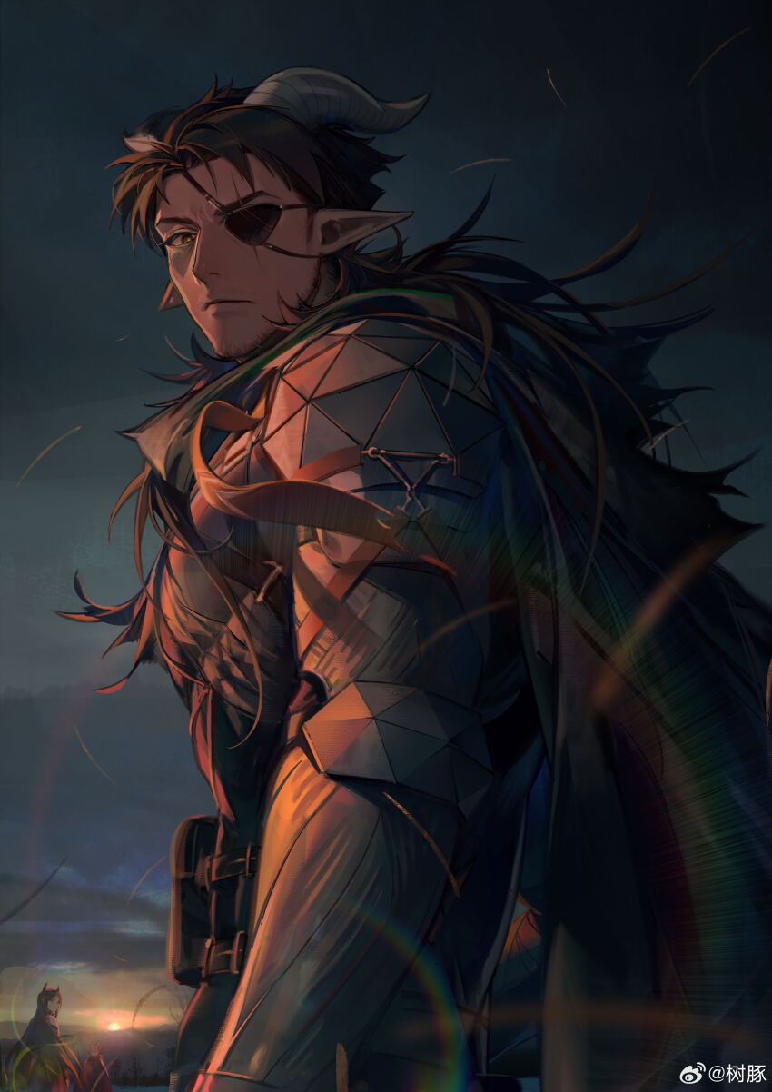 1boy, 2girls, absurdres, arknights, black_hair, black_shirt, demon_horns, eyepatch