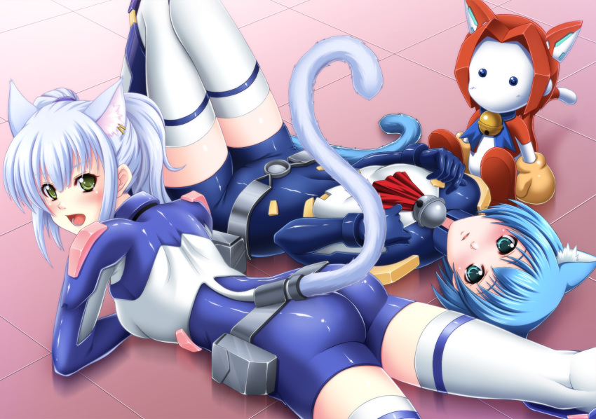 2girls, :d, akio_(dkakh918), animal_ears, aqua_eyes, aqua_hair, armor, ascot