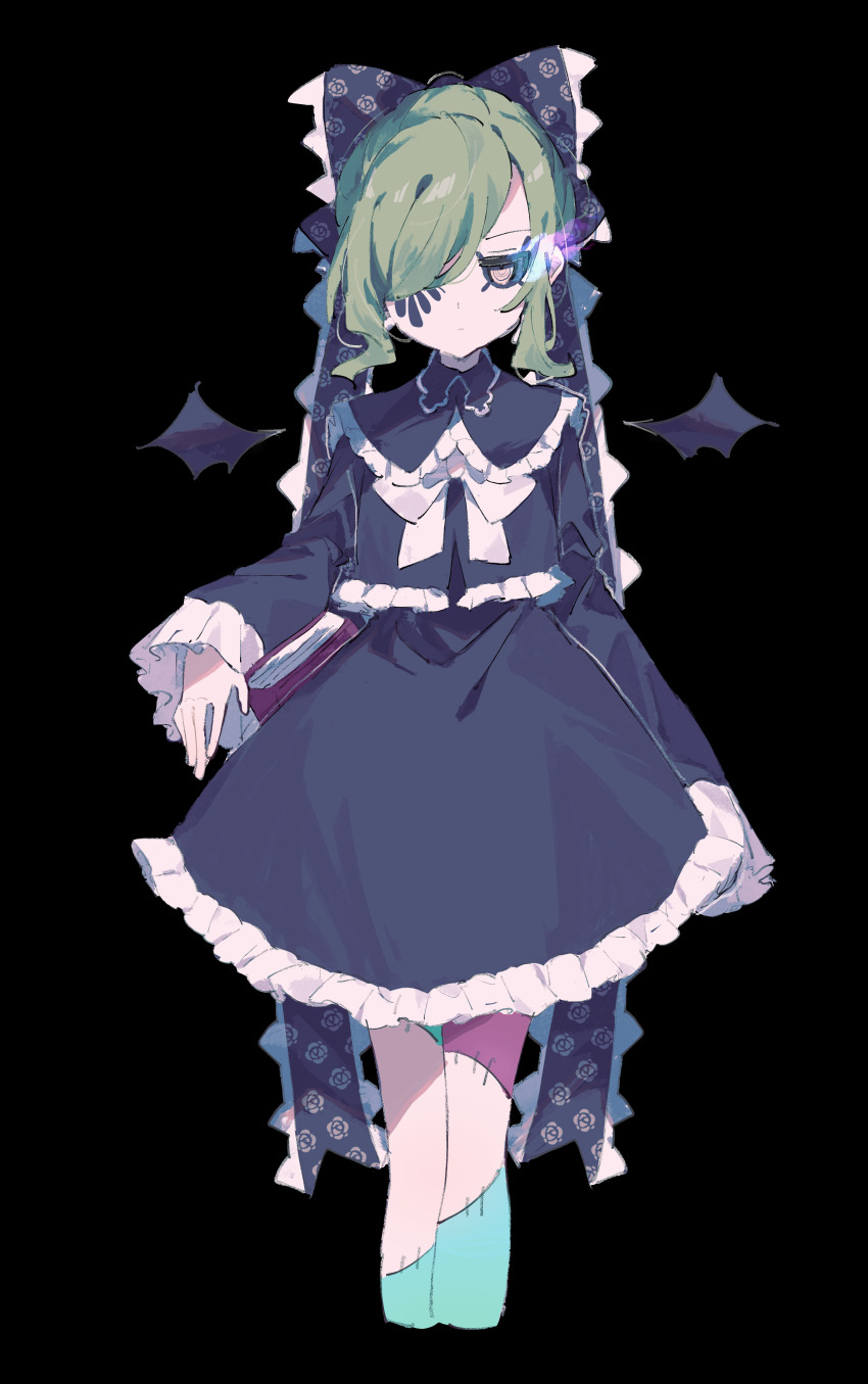 1girl, absurdres, alternate_hair_color, bat_wings, black_background, black_bow, black_dress, black_sclera