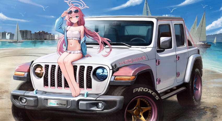 1girl, absurdres, adjusting_eyewear, ahoge, barefoot, bikini, blue_archive, blue_eyes, boat, building, car, character_name, commentary_request, commission, copyright_name, eyewear_on_head, frilled_bikini, frills, halo, heterochromia, highres, hoshino_(blue_archive), hoshino_(swimsuit)_(blue_archive), jeep_(company), jeep_wrangler, kcar66t, loli, long_hair, looking_at_viewer, motor_vehicle, navel, on_car, pickup_truck, pink_hair, pink_halo, pixiv_commission, sail, sitting, solo, sports_utility_vehicle, steering_wheel, sunglasses, swimsuit, toes, truck, vehicle_focus, watercraft, white_bikini, yellow_eyes