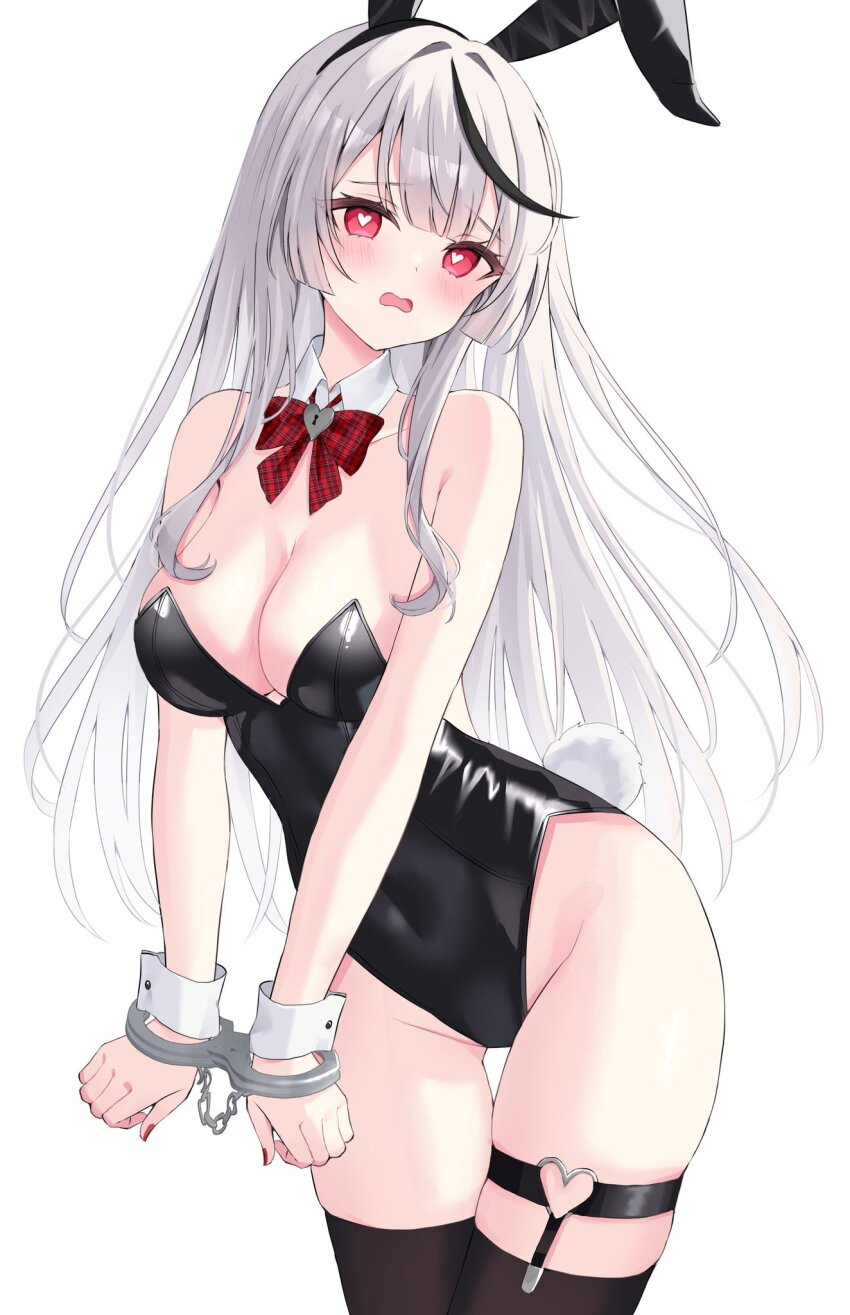 1girl, animal_ears, black_hair, black_leotard, black_thighhighs, blush, breasts, cleavage