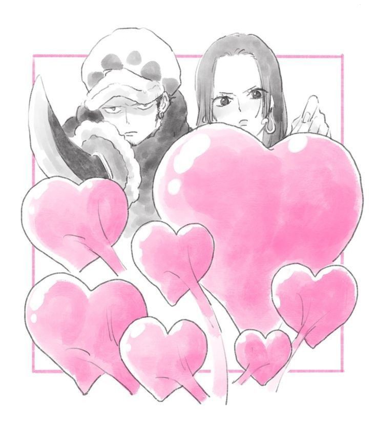 1boy, 1girl, boa_hancock, border, closed_mouth, earrings, facial_hair, frown