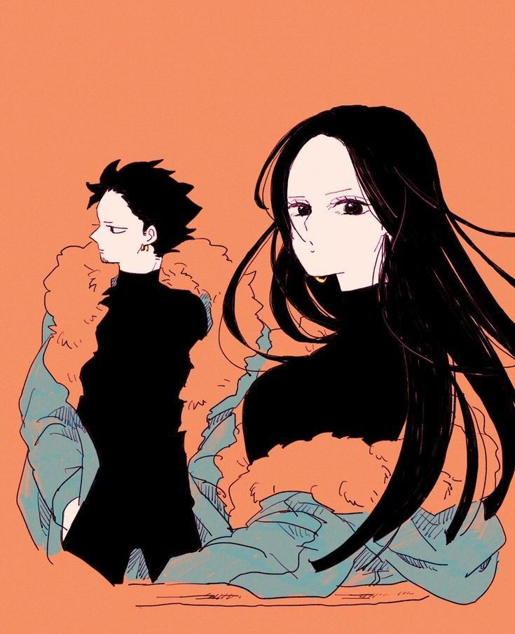 1boy, 1girl, black_eyes, black_hair, black_pants, black_sweater, boa_hancock, breasts