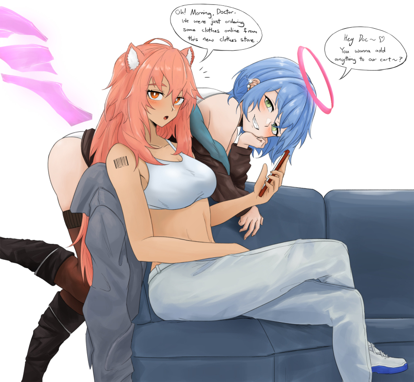 2girls, :o, animal_ears, arknights, barcode, barcode_tattoo, bare_arms, bare_shoulders