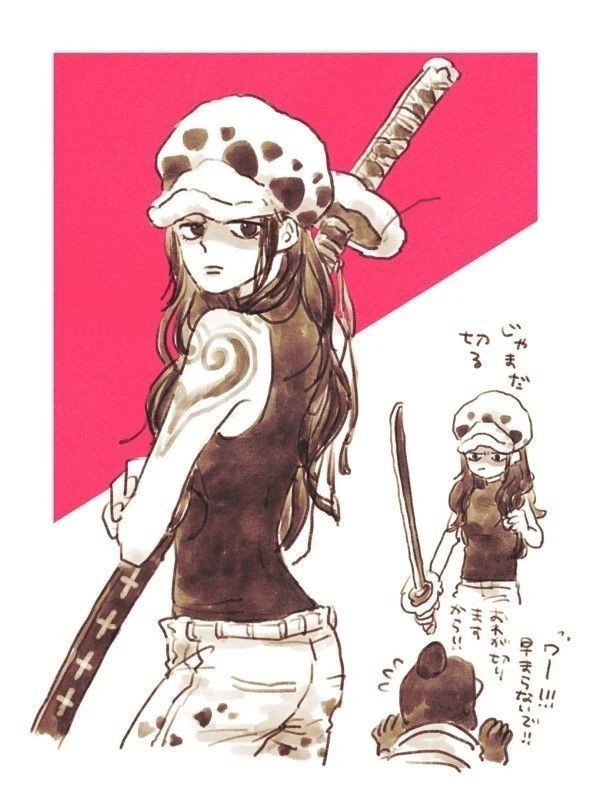 1boy, 1girl, arm_tattoo, back, border, breasts, closed_mouth, denim, earrings, flying_sweatdrops, frown, fur_hat, genderswap, genderswap_(mtf), hat, holding, holding_sheath, holding_sword, holding_weapon, jeans, jewelry, katana, long_hair, long_sleeves, looking_at_another, looking_at_viewer, medium_breasts, nanteiiyoru, one_piece, pants, shachi_(one_piece), sheath, sleeveless, sword, tattoo, trafalgar_law, translation_request, weapon