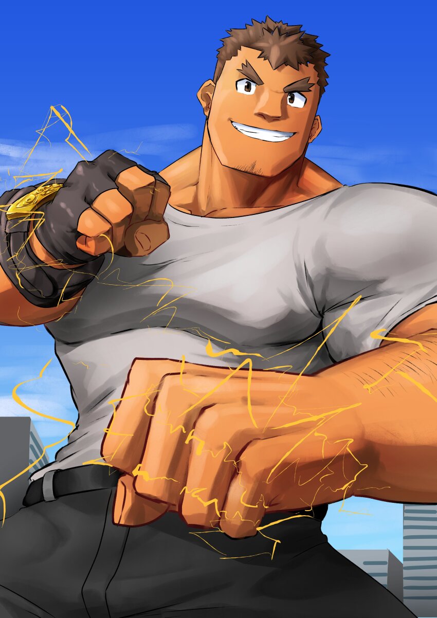 1boy, absurdres, bara, brown_hair, clenched_hands, cowboy_shot, facial_hair, fighting_stance