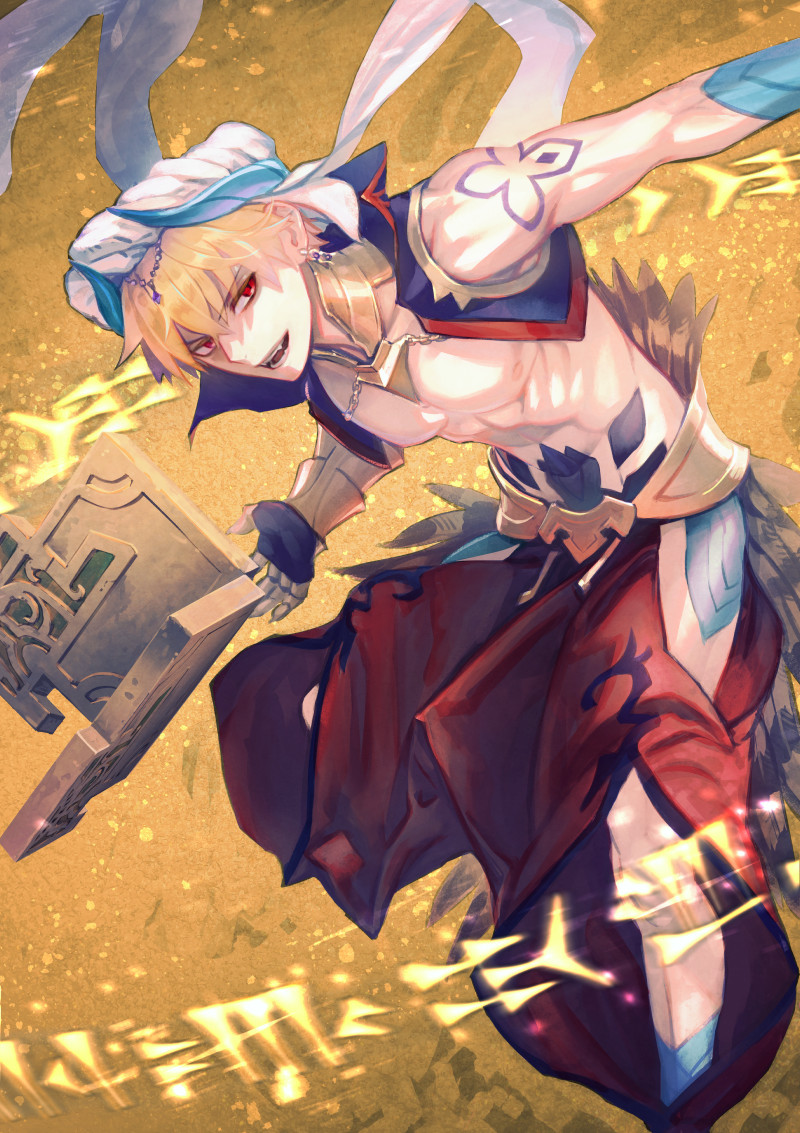 1boy, arabian_clothes, blonde_hair, cropped_vest, cuneiform, earrings, fate/grand_order, fate_(series)