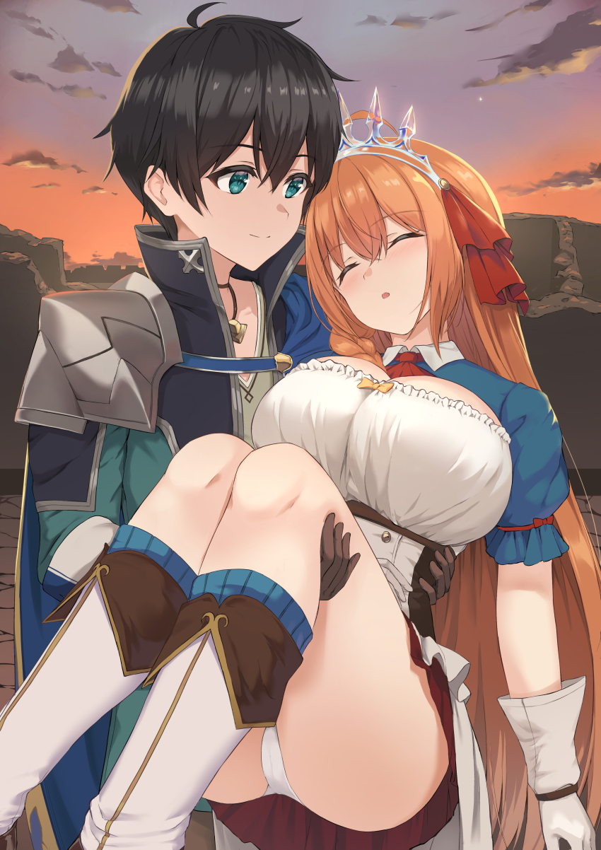 1boy, 1girl, :o, absurdres, ahoge, black_hair, blue_eyes, blush