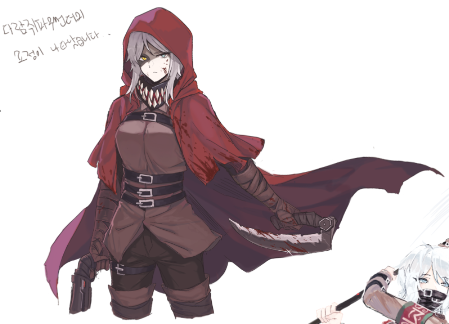 1girl, artist_collaboration, blue_eyes, brown_gloves, brown_jacket, brown_pants, chest_harness, cowboy_shot