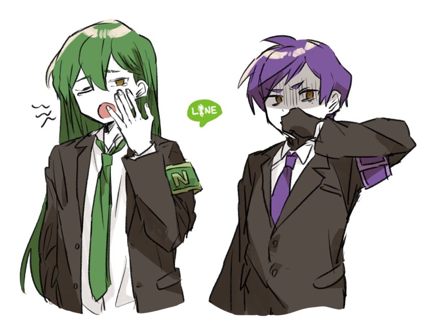 2boys, aask, black_gloves, black_jacket, collared_shirt, disgust, gloves, green_hair, green_necktie, hand_up, highres, jacket, lobotomy_corporation, long_hair, looking_at_viewer, multiple_boys, necktie, netzach_(project_moon), open_mouth, project_moon, purple_hair, purple_necktie, shirt, simple_background, upper_body, very_long_hair, white_background, white_shirt, wing_collar, yawning, yellow_eyes, yesod_(project_moon)