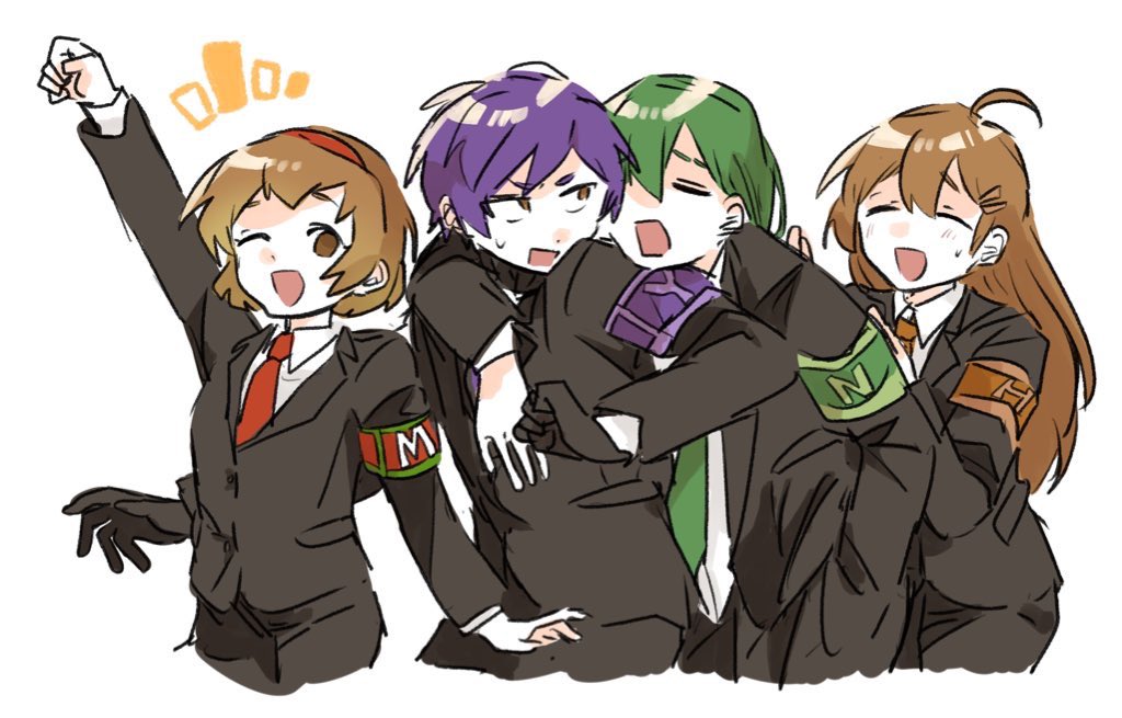 2boys, 2girls, aask, ahoge, black_jacket, blush, brown_hair, brown_necktie, collared_shirt, green_necktie, hod_(project_moon), jacket, lobotomy_corporation, long_hair, long_sleeves, looking_at_viewer, malkuth_(project_moon), multiple_boys, multiple_girls, necktie, netzach_(project_moon), one_eye_closed, open_mouth, project_moon, red_necktie, shirt, simple_background, smile, white_background, white_shirt, yesod_(project_moon)