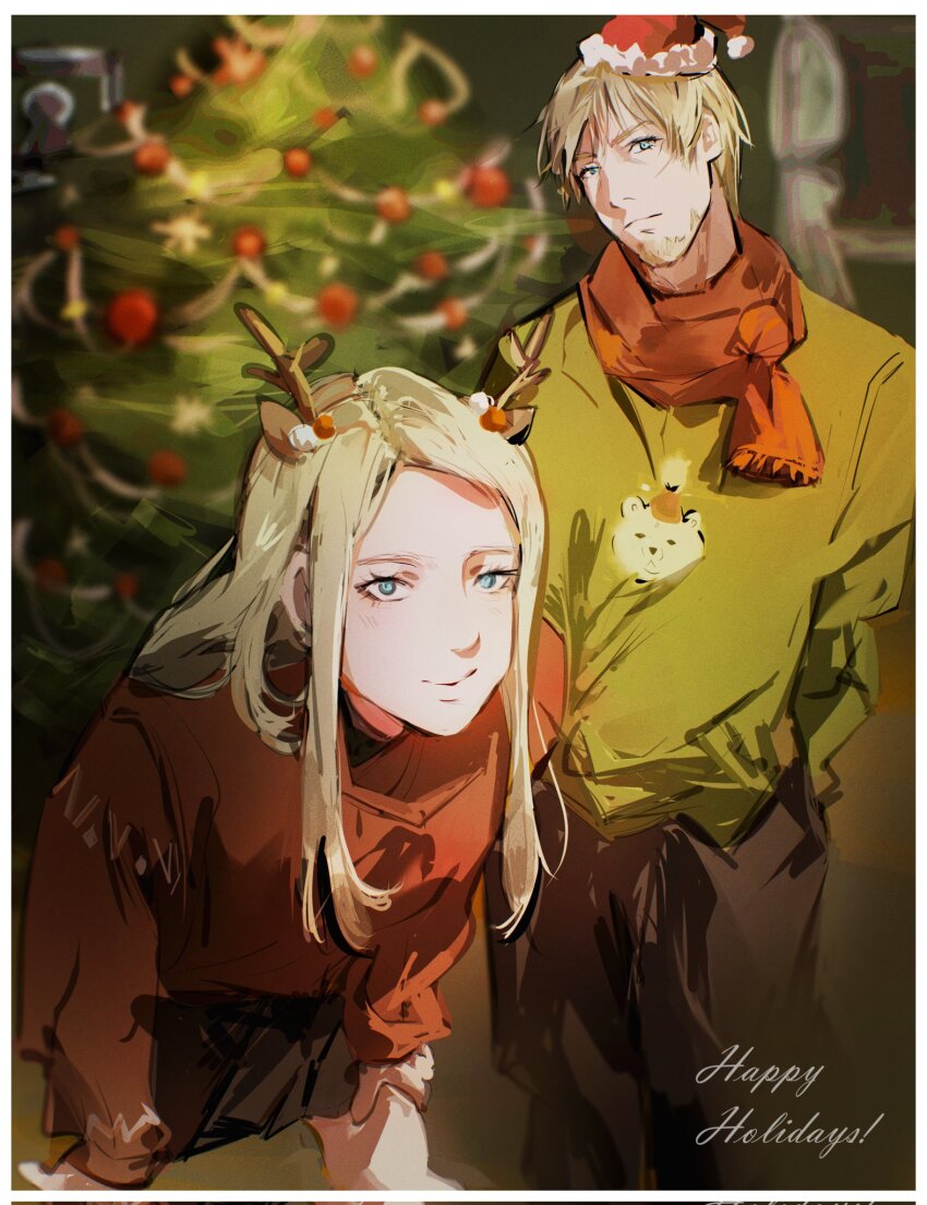 !, 1boy, 1girl, alternate_costume, bare_legs, bear, beard, blonde_hair, blue_eyes, brother_and_sister, canute, canutie, christmas, christmas_tree, closed_mouth, contemporary, english_text, estrid, eyelashes, facial_hair, green_sweater, hands_in_pockets, happy_holidays, hat, highres, looking_at_viewer, polar_bear, santa_hat, scar, short_hair, siblings, sidelocks, skirt, sweater, vinland_saga