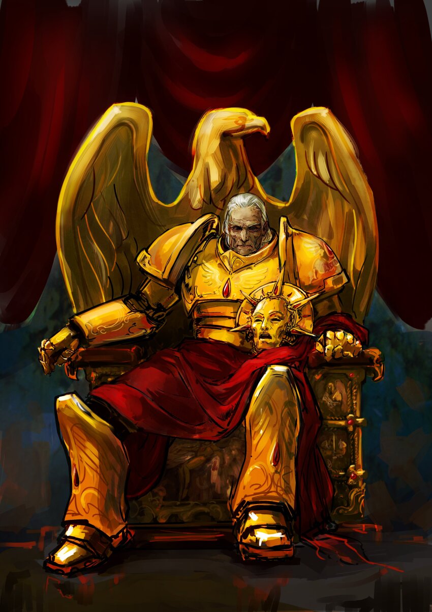 1boy, absurdres, adeptus_astartes, armor, armored_boots, bird, blood_angels, blood_ruby_(warhammer)