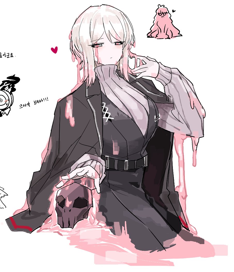 1other, adoration_(e.g.o), belt, black_belt, black_pants, black_vest, breasts, closed_mouth, dante_(limbus_company), e.g.o_(project_moon), faust_(project_moon), grey_sweater, hand_up, large_breasts, limbus_company, lobotomy_corporation, long_hair, looking_at_viewer, melting_love, monster_girl, naughty_0b, pants, project_moon, short_hair, skull, slime_(substance), slime_girl, sweater, very_long_hair, vest, white_hair