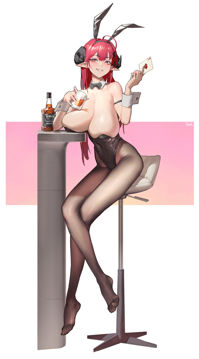 1girl, absurdres, ace_(playing_card), ace_of_hearts, ahoge, alcohol, animal_ears, arm_strap