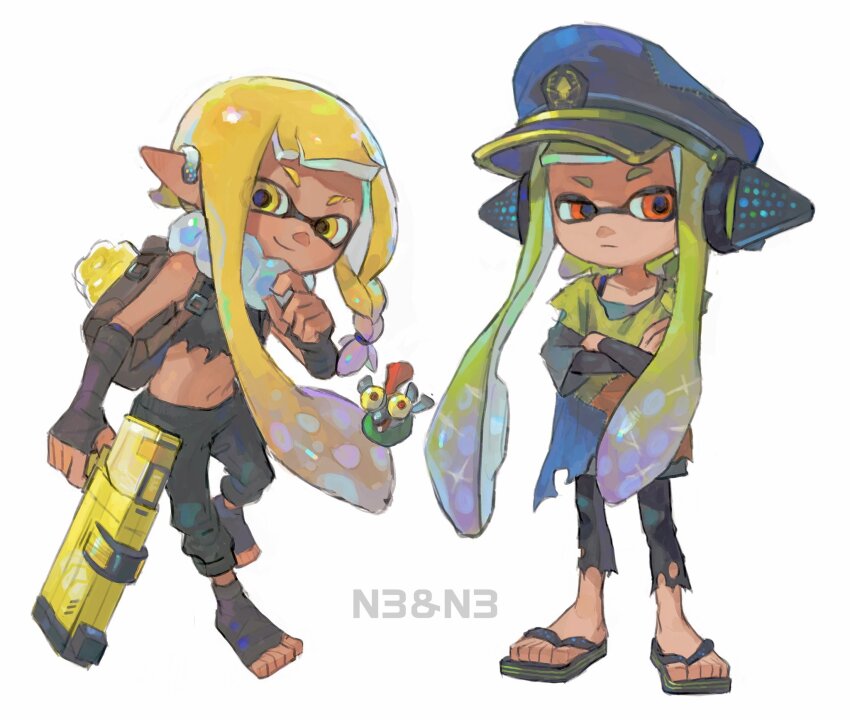 2girls, agent_3_(splatoon), agent_3_(splatoon_3), backpack, bag, bandaged_arm, bandages, black_pants, black_shirt, blonde_hair, captain_3_(splatoon), character_name, closed_mouth, commentary_request, crop_top, crossed_arms, earrings, full_body, gun, hat, headphones, hero_shot_(splatoon_3), highres, holding, holding_gun, holding_weapon, inkling, inkling_girl, inkling_player_character, jewelry, long_hair, miko_(15476997), military_hat, multiple_girls, nintendo, orange_eyes, pants, pointy_ears, raised_eyebrows, sandals, shirt, simple_background, smallfry_(splatoon), smile, splatoon_(series), splatoon_3, splattershot_(splatoon), standing, tentacle_hair, torn_clothes, torn_pants, torn_shirt, weapon, white_background, yellow_eyes