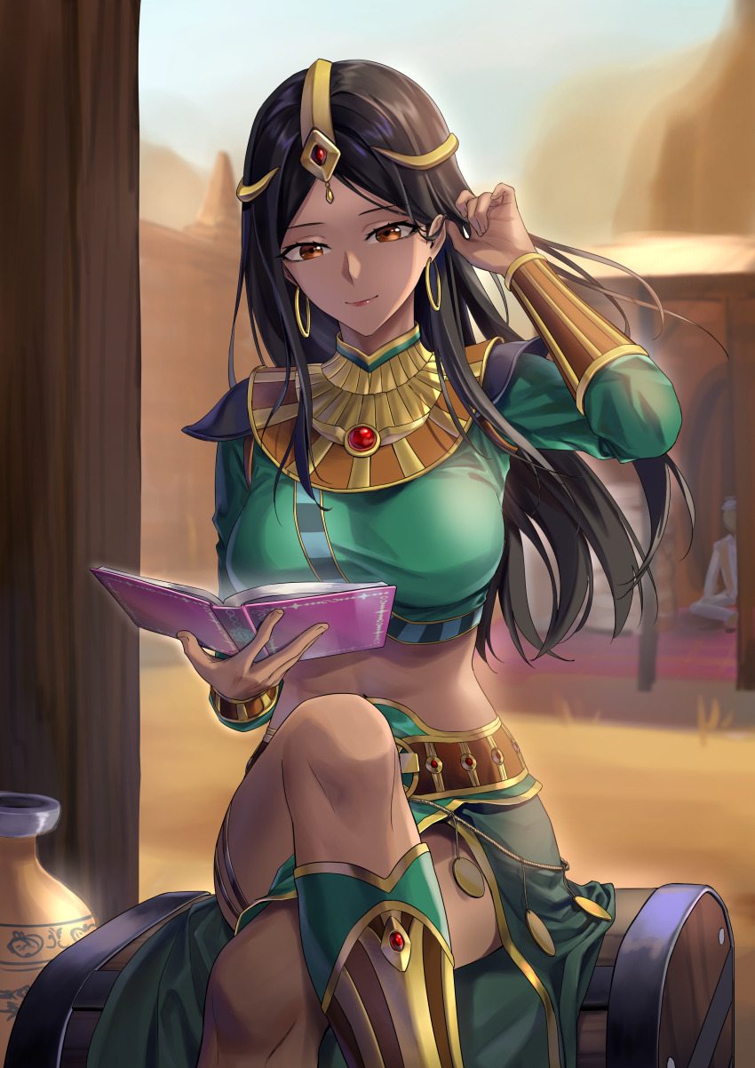 1girl, absurdres, black_hair, book, breasts, commission, crop_top, dark-skinned_female, dark_skin, diablo, diablo_(series), diablo_2, earrings, gem, green_shirt, green_skirt, highres, hoop_earrings, isendra_(diablo), jewelry, long_hair, long_sleeves, medium_breasts, midriff, pixiv_commission, reading, red_eyes, red_gem, shirt, sitting, skirt, solo, suprii, treasure_chest, urn