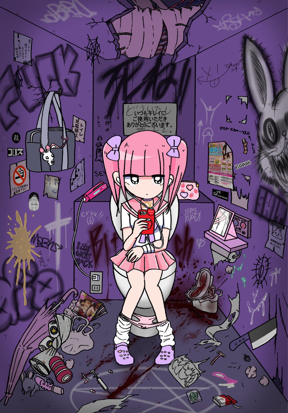1girl, bag, bathroom, black_eyes, blood, blood_on_ground, blunt_bangs, bow