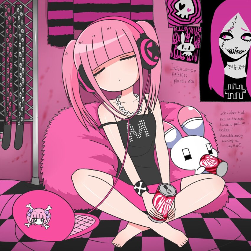 1girl, animal, bare_shoulders, barefoot, black_shirt, blunt_bangs, can, chain