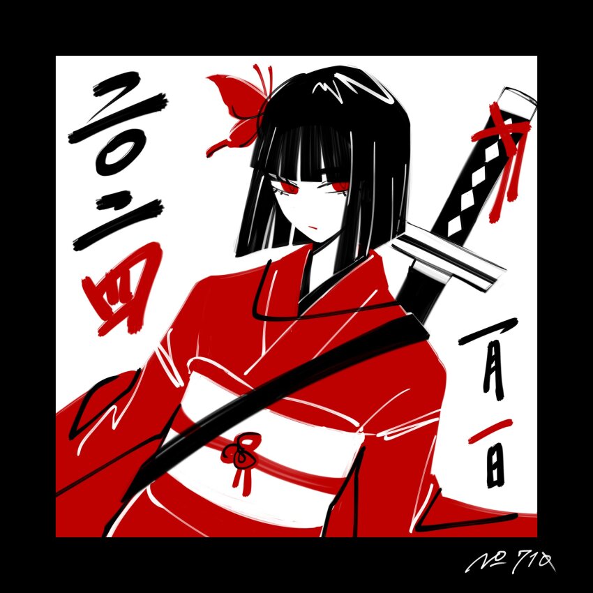 1girl, 2024, black_hair, butterfly_hair_ornament, closed_mouth, hair_ornament, highres, japanese_clothes, kimono, limbus_company, limited_palette, looking_at_viewer, no_710, obi, obijime, ootachi, project_moon, red_eyes, red_kimono, ryoshu_(project_moon), sash, short_hair, solo