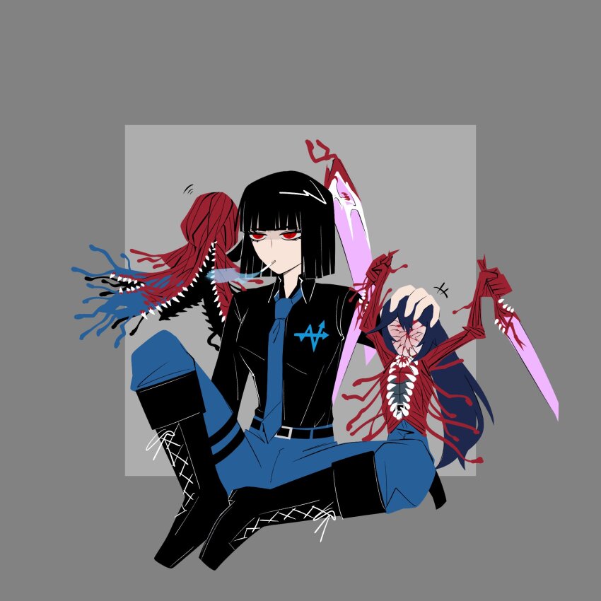 1girl, 2boys, arms_up, belt, black_belt, black_footwear, black_hair, black_shirt