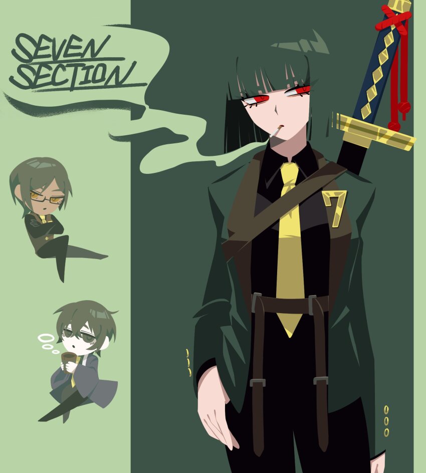 1boy, 2girls, black_coat, black_eyes, black_hair, blending, brooch, brown_eyes, brown_hair, chibi, coat, cup, green_background, green_hair, green_jacket, green_theme, highres, holding, holding_cup, jacket, jewelry, limbus_company, long_sleeves, looking_at_viewer, multiple_girls, necktie, no_710, ootachi, outis_(project_moon), project_moon, red_eyes, ryoshu_(project_moon), seven_association_south_uniform, short_hair, yellow_necktie, yi_sang_(project_moon)