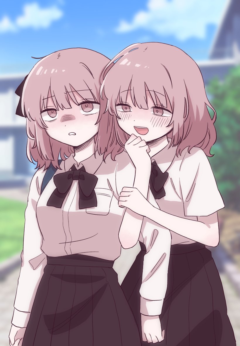 2girls, adipocere_(vocaloid), alternate_costume, bag, black_bow, black_bowtie, black_skirt, blue_sky, blurry, blurry_background, blush, bow, bowtie, building, collared_shirt, commentary_request, cowboy_shot, creator_connection, day, dress_shirt, dual_persona, furrowed_brow, gloom_(expression), hair_ribbon, half-closed_eyes, locked_arms, long_shirt, long_sleeves, looking_at_another, matching_outfits, medium_hair, multiple_girls, outdoors, path, pleated_skirt, ribbon, road, rolling_eyes, school, school_uniform, scowl, shirt, shirt_tucked_in, short_sleeves, shoulder_bag, skirt, sky, smile, songover, standing, urapocere_(vocaloid), vocaloid, zako_(zakodayo00)