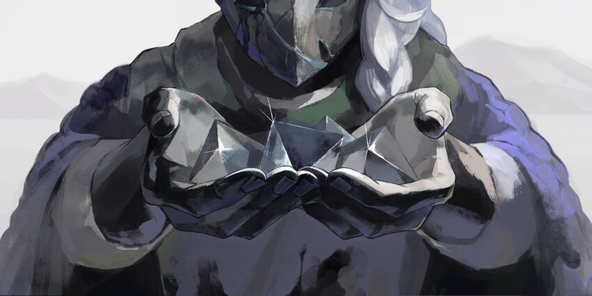 1boy, black_gloves, blue_cloak, braid, broken_mask, caleb_(sky:_children_of_the_light), cloak, crystal, glint, gloves, highres, holding, kawatiw, male_focus, mask, side_braid, sky:_children_of_the_light, solo, upper_body, white_hair