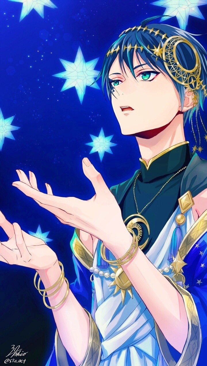 1boy, armpit_cutout, black_robe, black_shirt, blue_background, blue_hair, blue_sleeves, bracelet