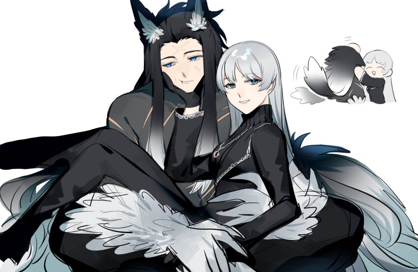1boy, 1girl, angelica_(project_moon), animal_ears, big_and_will_be_bad_wolf, black_gloves, black_hair, black_jacket