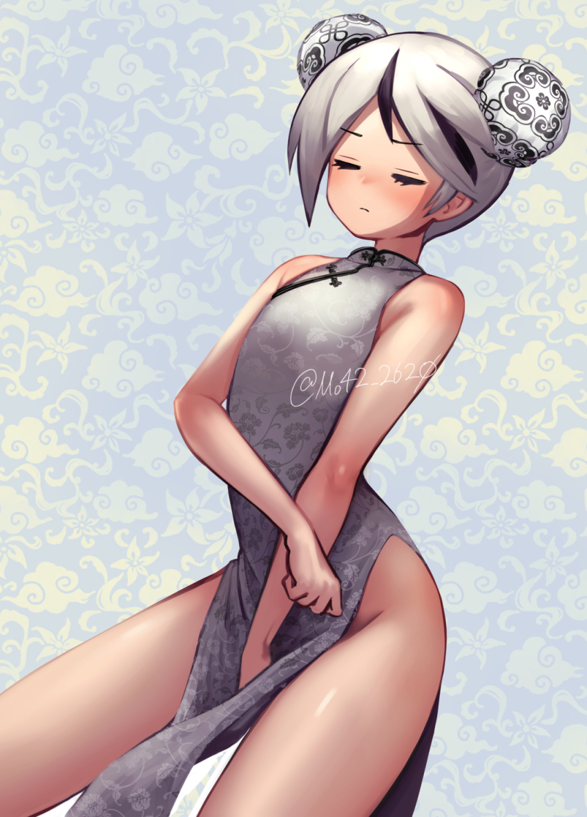 1boy, bare_arms, bare_shoulders, black_hair, blush, bun_cover, china_dress, chinese_clothes, closed_eyes, closed_mouth, cowboy_shot, double_bun, dress, hair_bun, highres, library_of_ruina, male_focus, moribe_denkou, multicolored_hair, pelvic_curtain, project_moon, sleeveless, sleeveless_dress, solo, streaked_hair, trap, white_dress, white_hair, yan_vismok