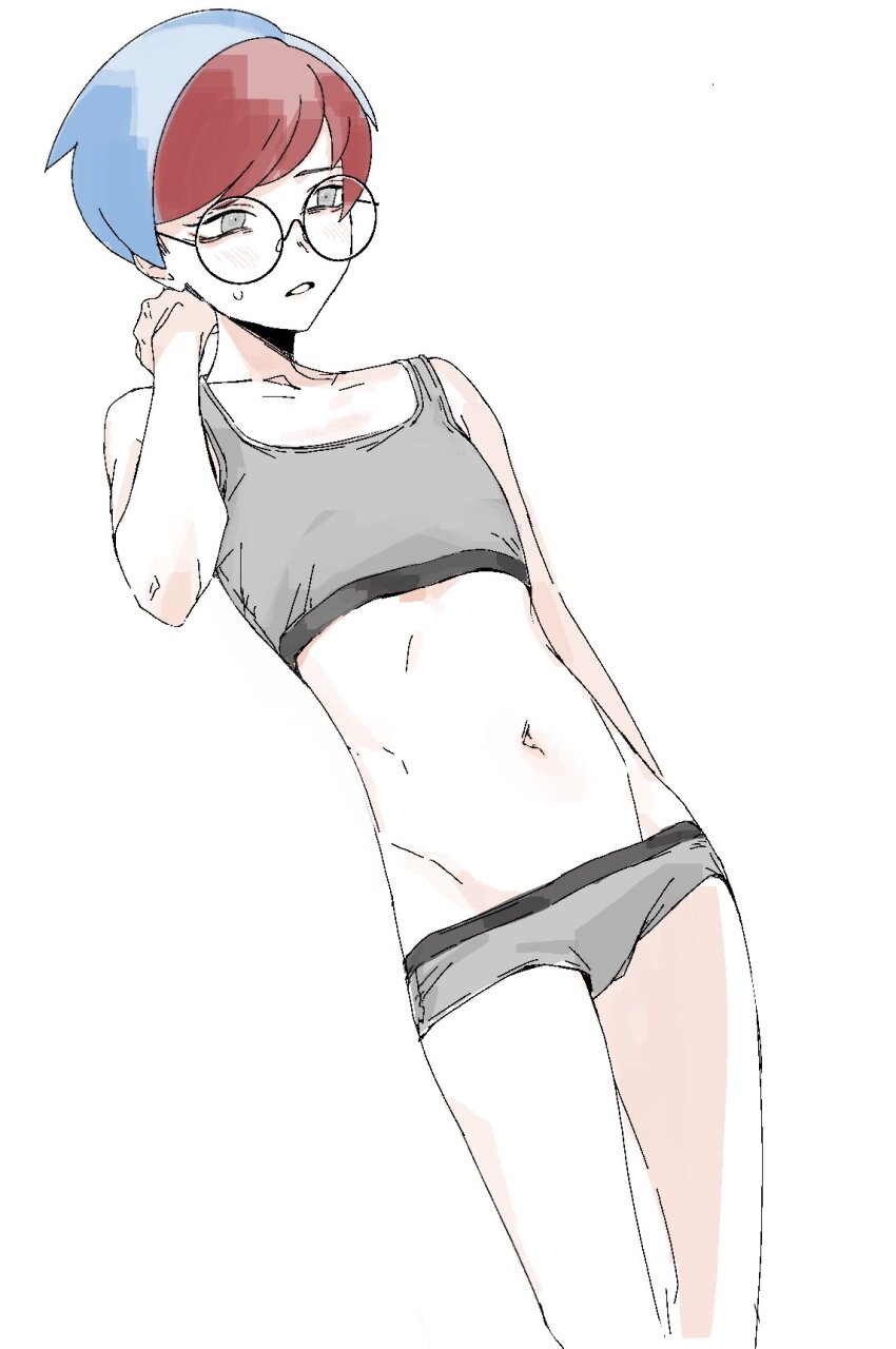 1girl, blue_hair, boyshort_panties, bra, flat_chest, glasses, grey_eyes, grey_panties, grey_pants, grey_sports_bra, groin, highres, kawatiw, lowleg, lowleg_panties, navel, nintendo, panties, pants, penny_(pokemon), pokemon, pokemon_scarlet_and_violet, red_hair, round_eyewear, short_hair, skinny, solo, sports_bra, sweatdrop, underwear, underwear_only