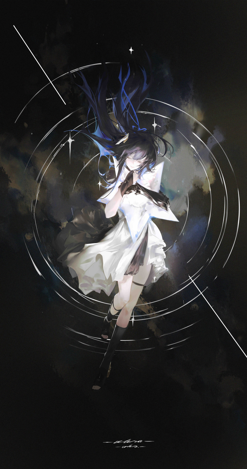 1girl, absurdres, anko_(renzao19823), black_boots, black_gloves, black_hair, blue_hair, boots