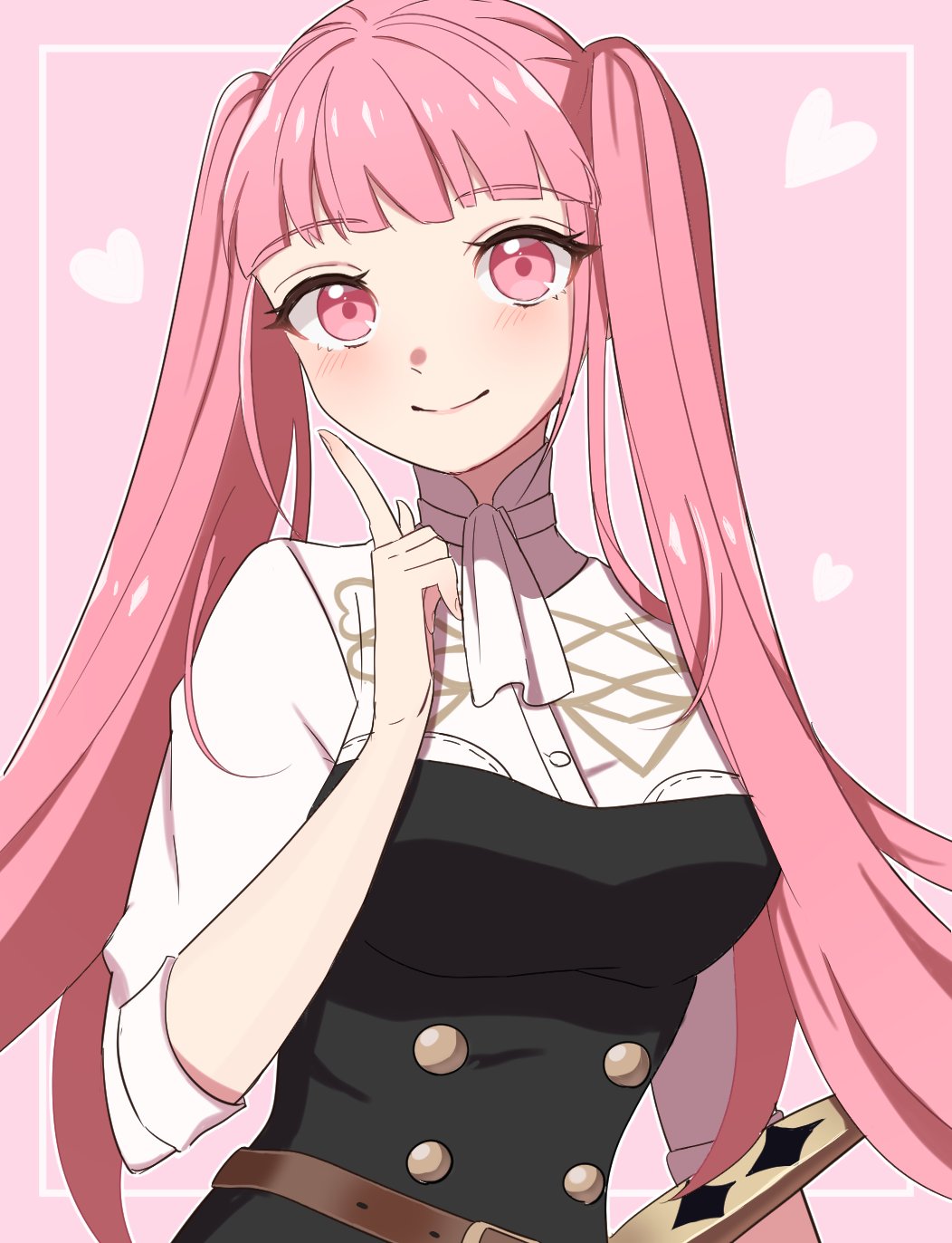 1girl, ascot, belt, blunt_bangs, blush, breasts, brown_belt, buttons