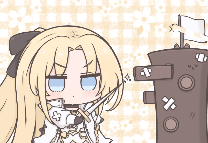 1girl, azur_lane, bandaid, black_bow, black_gloves, blonde_hair, blue_eyes, bow