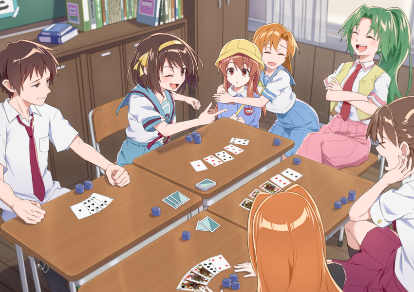 >_<, 1boy, 6+girls, ace_(playing_card), ace_of_clubs, ace_of_hearts, akasaka_miyuki, asahina_mikuru