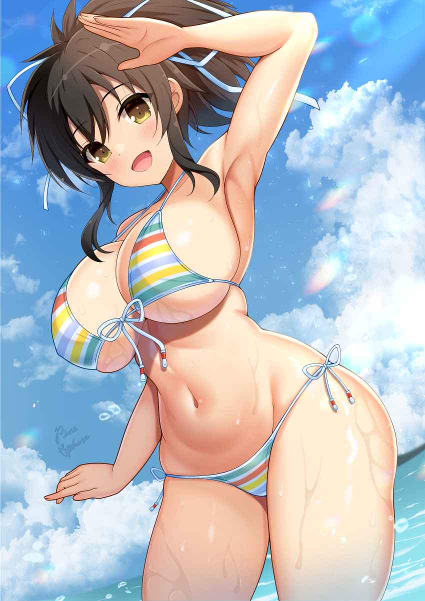 1girl, absurdres, asuka_(senran_kagura), bikini, breasts, brown_eyes, brown_hair, cleavage