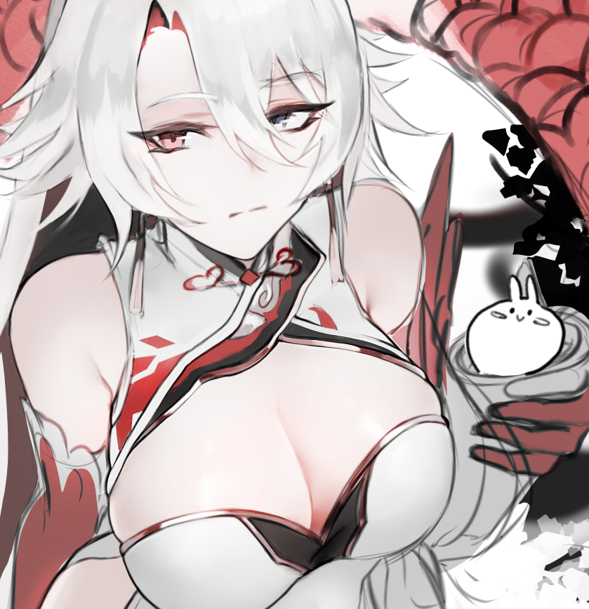 1girl, alpha:_crimson_weave_(vow_of_dragon)_(pgr), alpha_(pgr), breasts, china_dress, chinese_clothes, cleavage_cutout, closed_mouth, clothing_cutout, dress, elbow_gloves, gloves, grey_eyes, grey_hair, hair_between_eyes, heterochromia, large_breasts, long_bangs, long_hair, alpha:_crimson_weave_(pgr), mi0_nee, official_alternate_costume, punishing:_gray_raven, red_eyes, sidelocks, unamused, white_dress