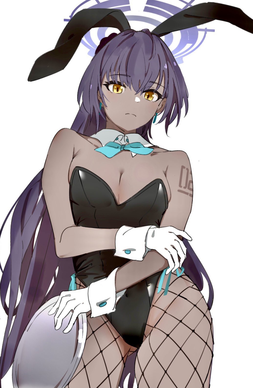 1girl, animal_ears, bare_shoulders, black_hair, black_leotard, blue_archive, bow, bowtie, breasts, cleavage, commentary_request, covered_navel, dark-skinned_female, dark_skin, detached_collar, fake_animal_ears, fishnet_pantyhose, fishnets, gloves, halo, highres, karin_(blue_archive), karin_(bunny)_(blue_archive), leotard, long_hair, looking_at_viewer, medium_breasts, number_tattoo, official_alternate_costume, pantyhose, playboy_bunny, rabbit_ears, shoulder_tattoo, simple_background, solo, strapless, strapless_leotard, tattoo, traditional_bowtie, uki_kumo, white_background, white_gloves, wrist_cuffs, yellow_eyes