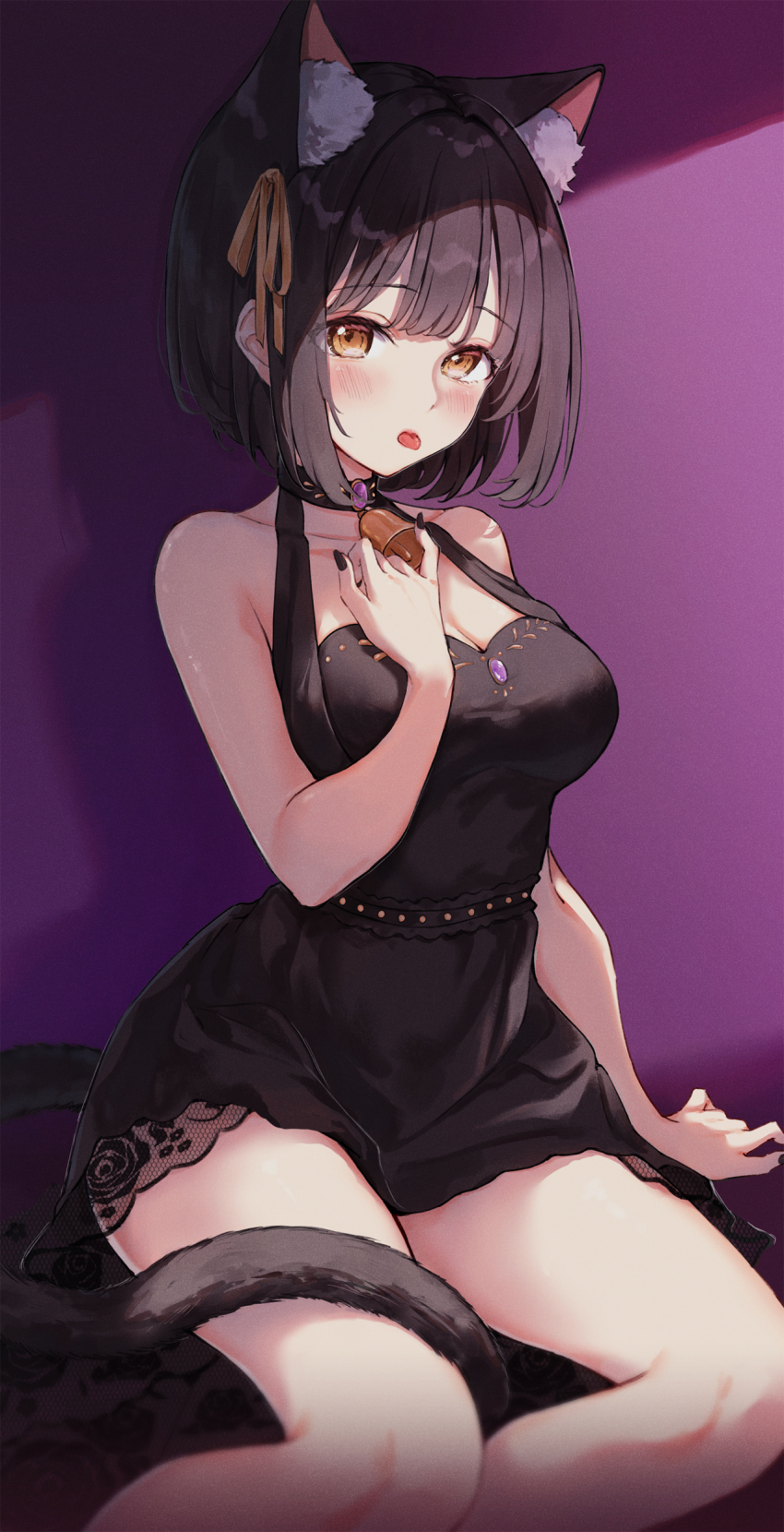 1girl, absurdres, animal_ear_fluff, animal_ears, arm_support, bare_legs, bell, black_dress