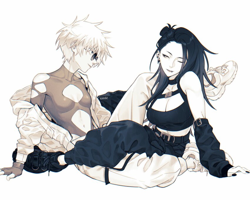 2girls, arm_support, bare_shoulders, belt, bodysuit, bodysuit_under_clothes, breasts, choker