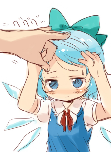 1girl, blue_hair, blush, bow, chaba_(hortensia), child, cirno, female_focus