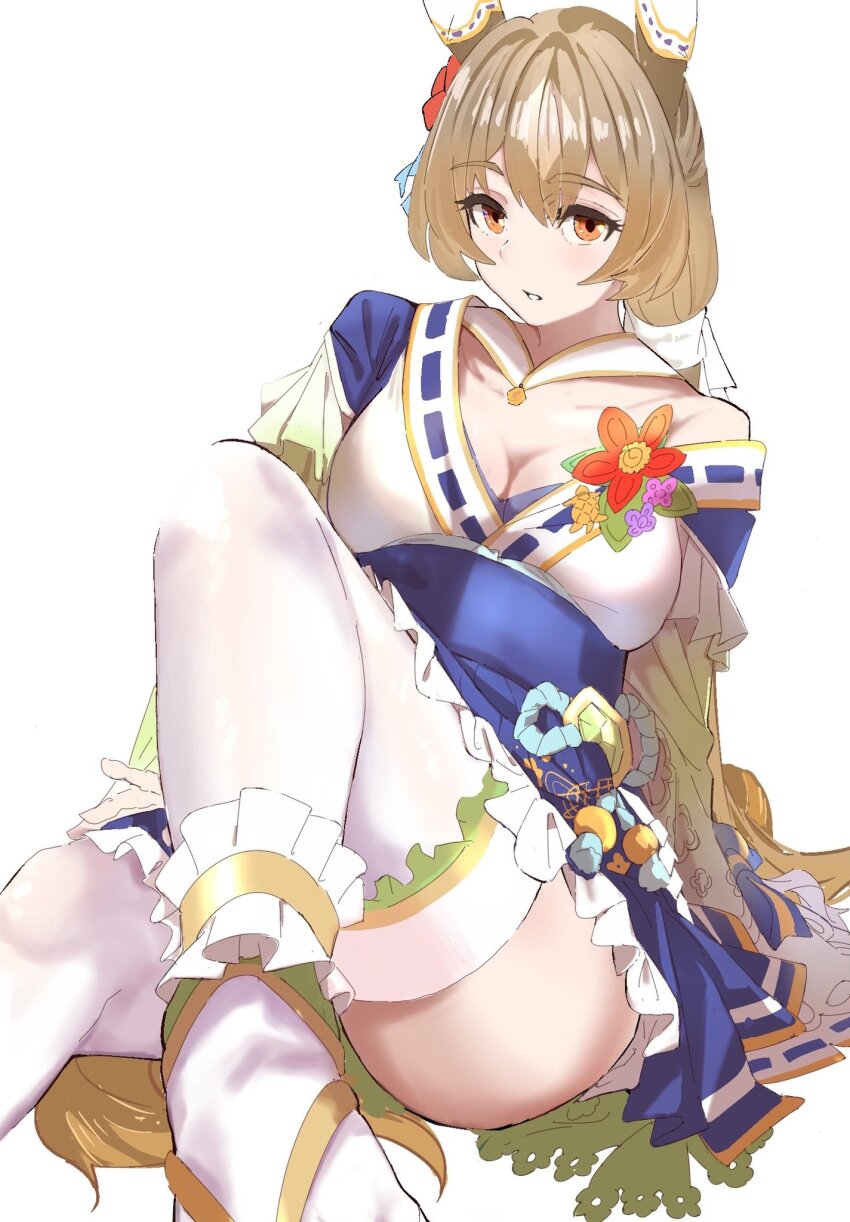 1girl, animal_ears, breasts, brown_hair, commentary_request, ear_covers, foot_out_of_frame, frilled_kimono