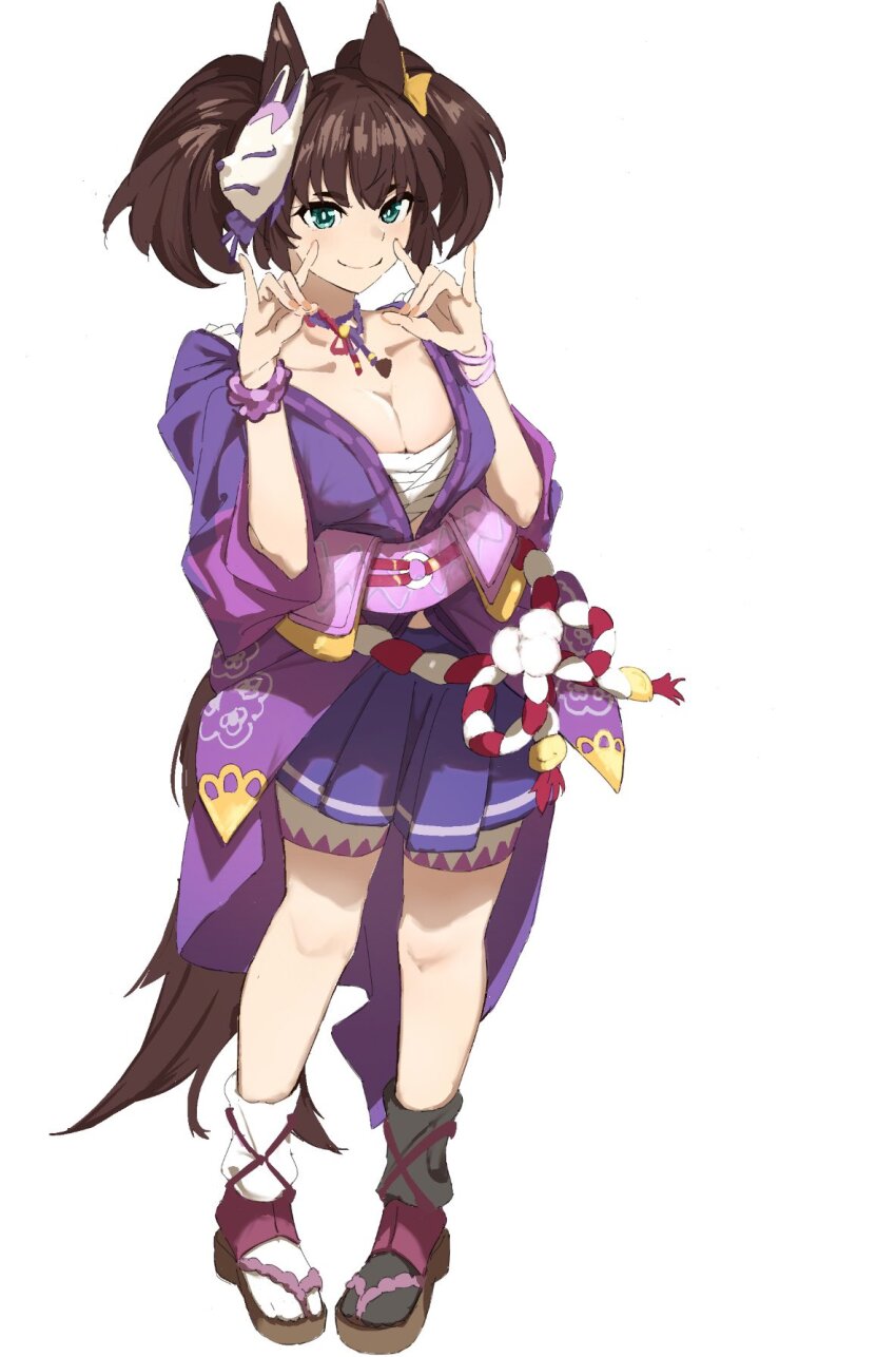 1girl, animal_ears, blue_skirt, blush, bracelet, breasts, brown_hair, cleavage