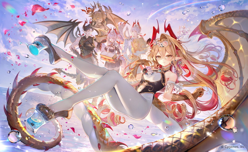 2boys, 2girls, argente_purest_silver_(shadowverse), black_hair, blonde_hair, breasts, clothing_cutout, colored_inner_hair