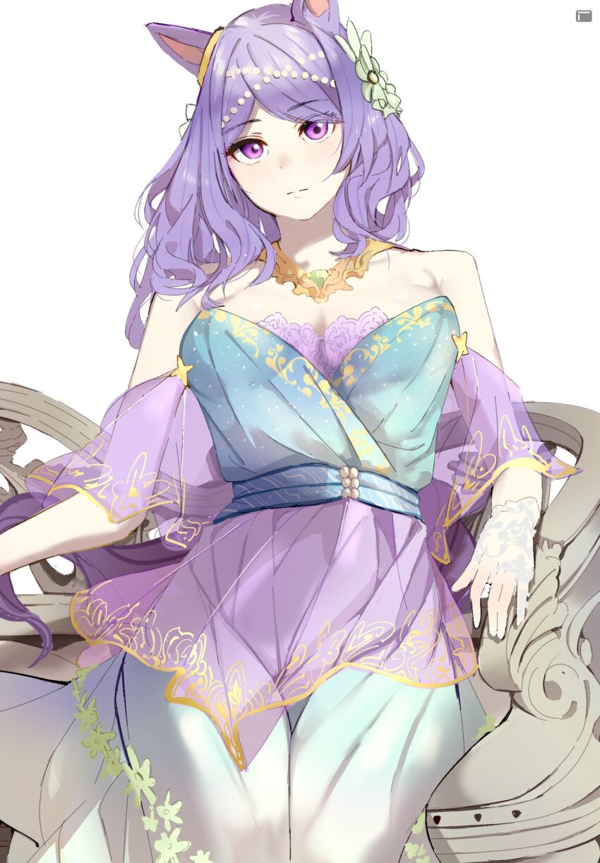 1girl, animal_ears, artist_logo, bare_shoulders, breasts, chair, cleavage, closed_mouth