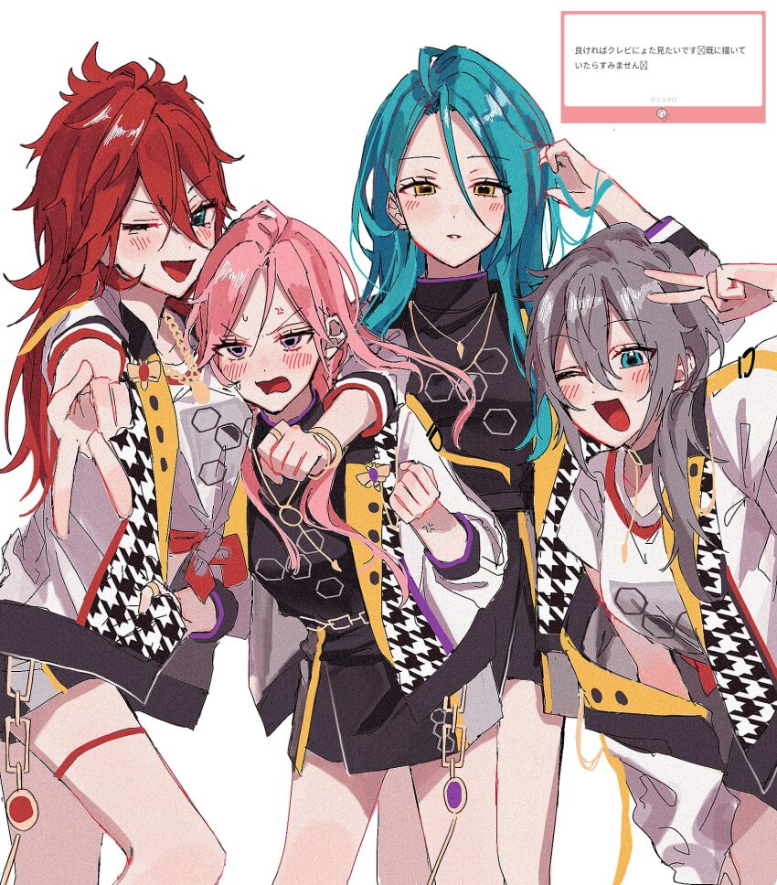 4girls, amagi_rinne, blue_eyes, blue_hair, blush, crazy_b_(ensemble_stars!), ensemble_stars!, genderswap, genderswap_(mtf), grey_background, grey_hair, highres, himeru_(ensemble_stars!), long_hair, looking_at_viewer, multiple_girls, one_eye_closed, orange_eyes, oukawa_kohaku, pink_hair, purple_eyes, rabi_(r_b_0215), red_hair, shiina_niki, simple_background, translation_request