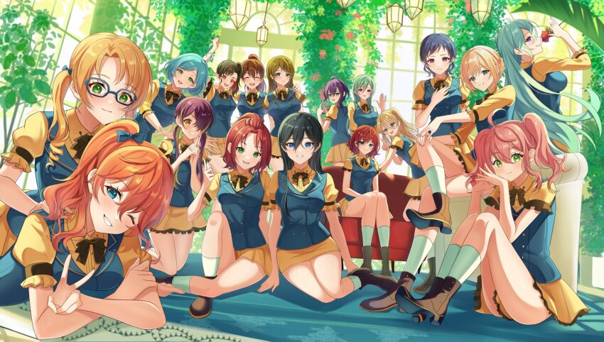 6+girls, ahoge, akehoshi_subaru, alkaloid_(ensemble_stars!), amagi_hiiro, ayase_mayoi, black_footwear, black_hair
