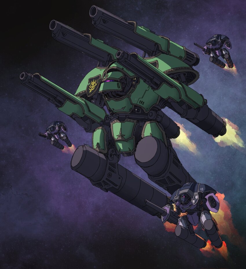 arm_cannon, armor, blue_armor, cannon, crest, crossover, cyclops, fusion, green_armor, gun, gundam, highres, imperial_knight, jet_engine, joints, mecha, mobile_suit_gundam, nissetasss, no_humans, one-eyed, purple_eyes, redesign, robot, robot_joints, rocket_engine, science_fiction, shoulder_cannon, space, titan_(warhammer_40k), warhammer_40k, weapon, zaku_ii, zeon